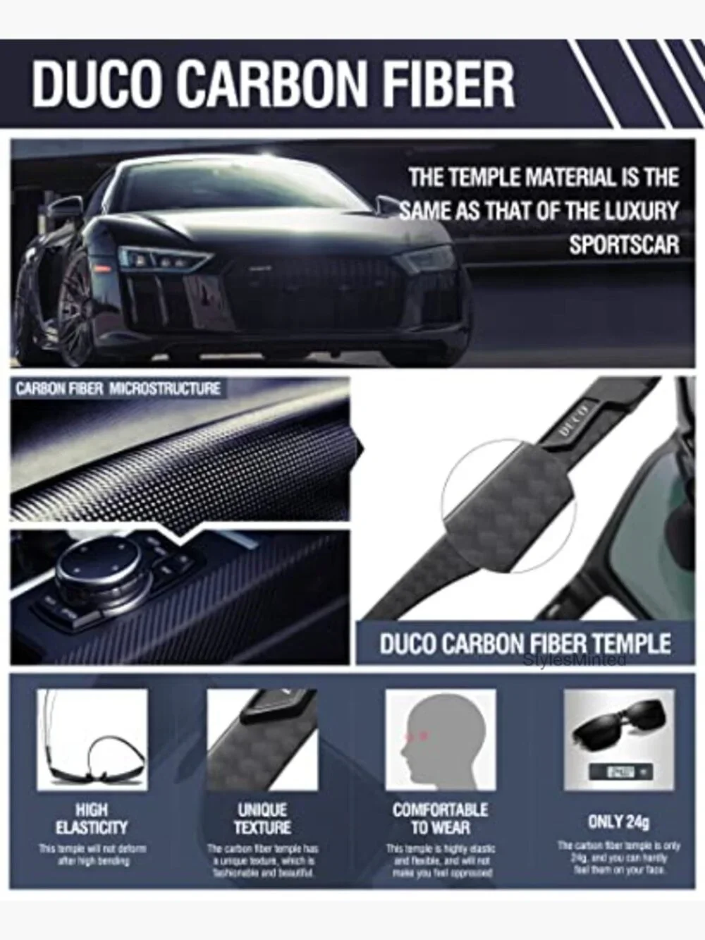 Polarized Sunglasses Lightweight Al-Mg Alloy Carbon Fiber Rectangular UV400